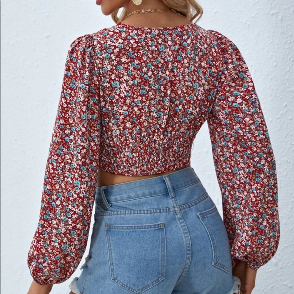 🌺 BOHO RED BLUE VNECK LONG SLEEVE CROP TOP!
